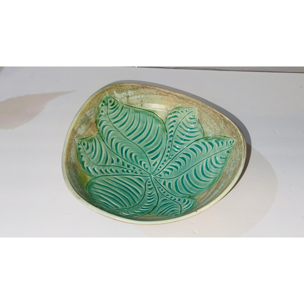 Wendy Wrenn Studio Pottery Leaf Embossed Serving Bowl 9in Teal Green Ceramic
